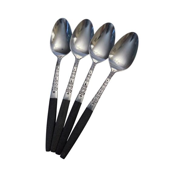 Lot 4 Swirl Black Interpur Japan Teaspoon Flatware Spoons MCM - Picture 1 of 6